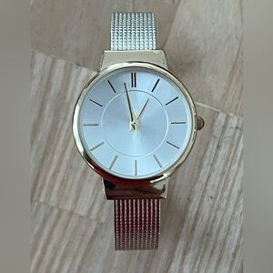 Gorgeous Two-Tone Ladies Bangle Cuff Watch Stainless Dial Gold Hands Markers